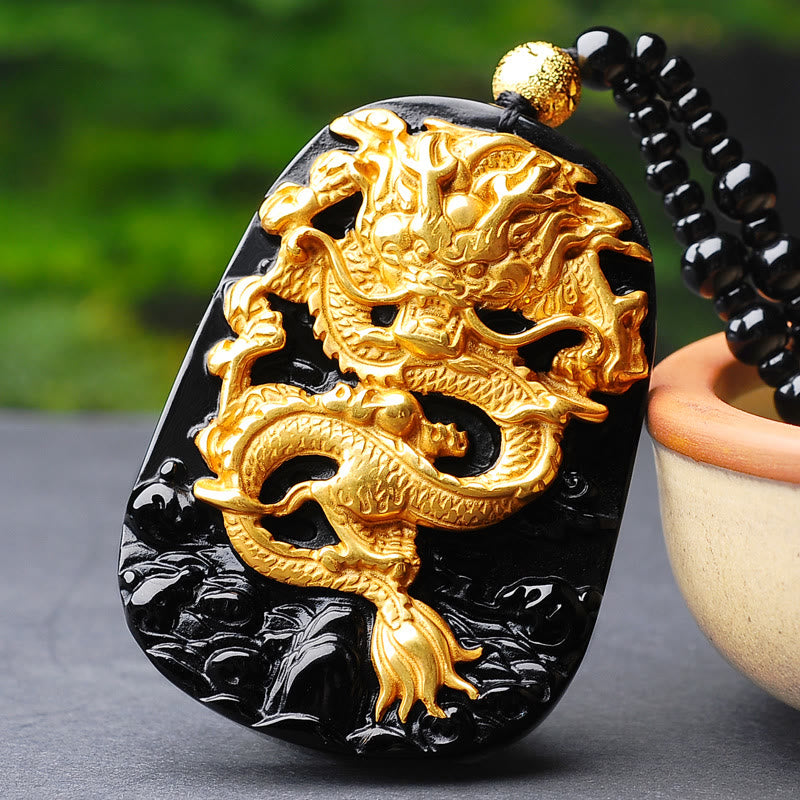 18k Gold-plated Dragon Obsidian Lucky Pendant Necklace
