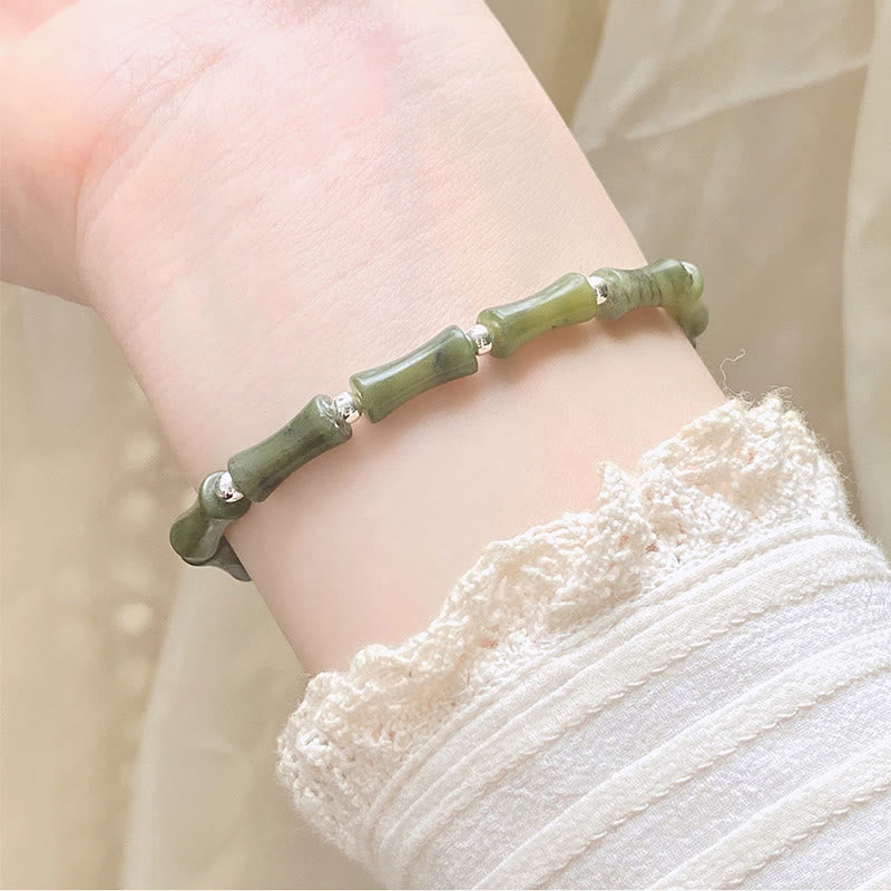 925 Sterling Silver Bamboo Jade Lucky Cat Fu Character Luck Abundance Bracelet