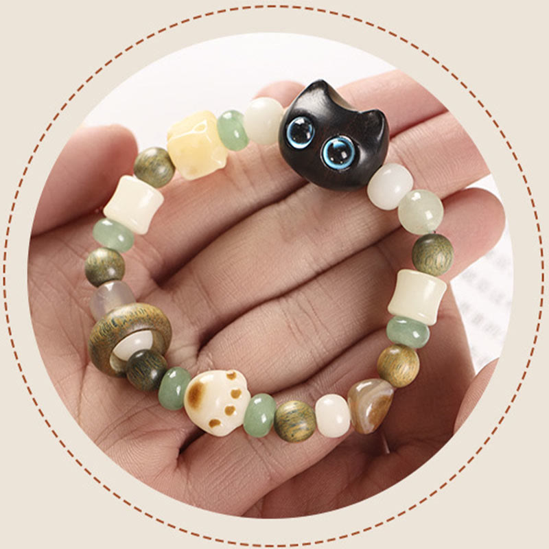 Bodhi Seed Green Sandalwood Ebony Wood Small Leaf Red Sandalwood Cat Head Paw Claw Peace Bracelet