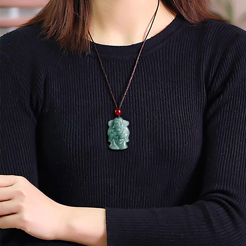 Natural Green Jade Chinese God of Wealth Caishen Ingot Abundance Necklace Pendant