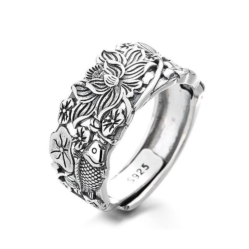 925 Sterling Silver Koi Fish Lotus Flower Prosperity Ring