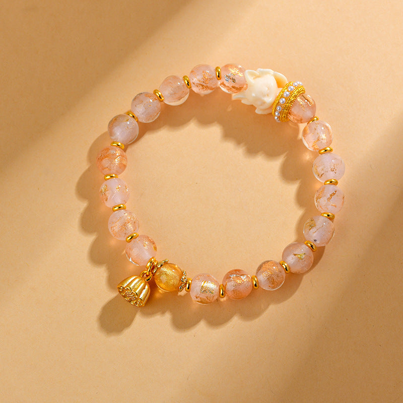 Tibetan Incense Ash Liuli Glass Bead Lucky Nine Tailed Fox Lotus Charm Bracelet