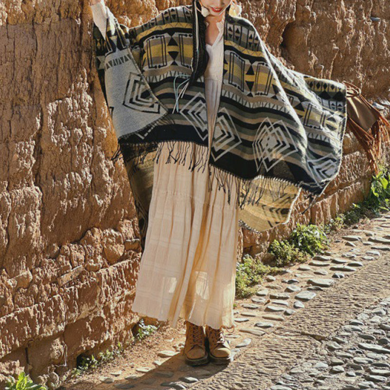 Tibetan Shawl Striped Geometric Pattern Winter Cozy Travel Tassel Scarf Wrap