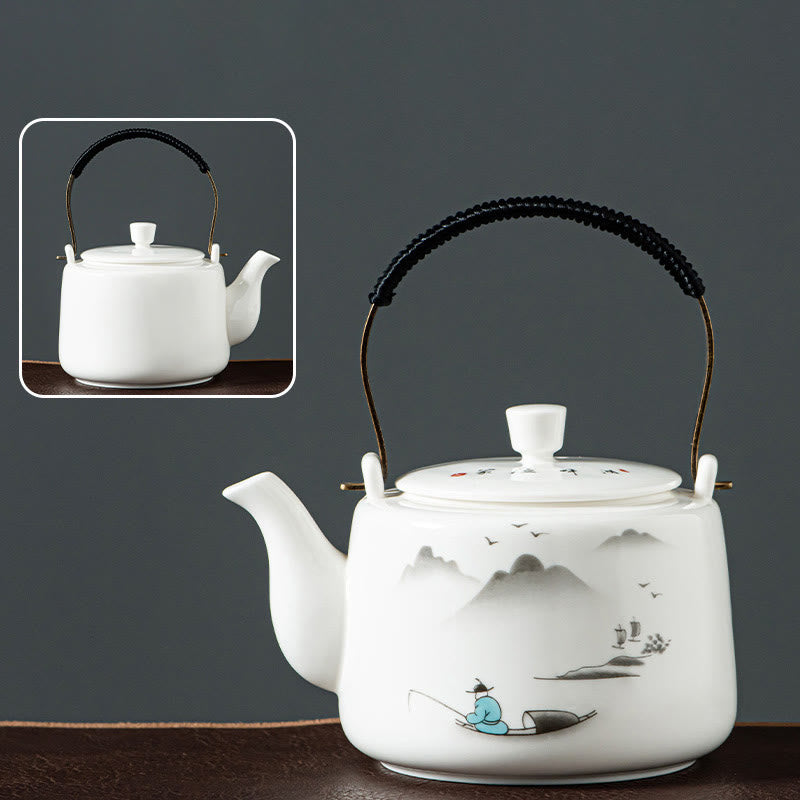 Vintage Dragon Mountain Fisherman Landscape White Porcelain Ceramic Kung Fu Teapot