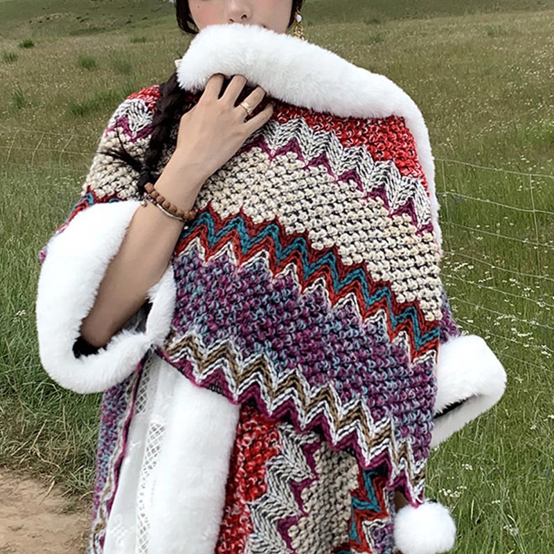 Tibetan Multicolored Wavy Lines Knitted Striped Shawl Coat Winter Cozy Travel Scarf Wrap