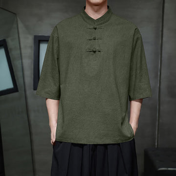 Cotton Linen Half-Sleeve Stand Collar Meditation Shirt
