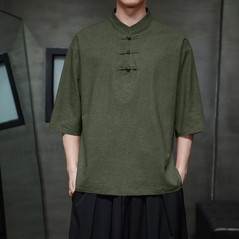 Cotton Linen Half-Sleeve Stand Collar Meditation Shirt