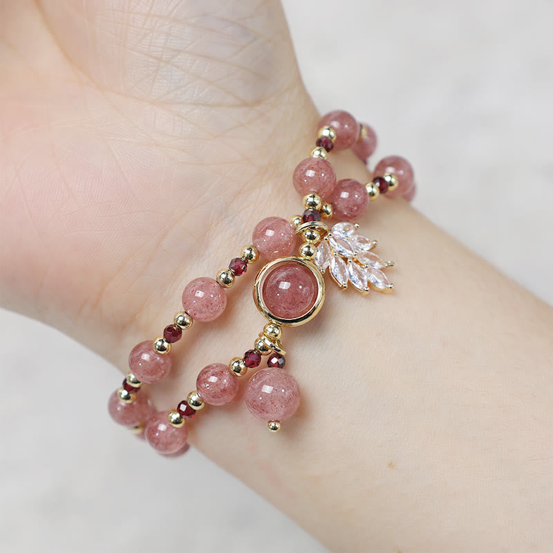 Natural Strawberry Quartz 6mm Bead Double Wrap Bracelet with Maple Leaf Charm