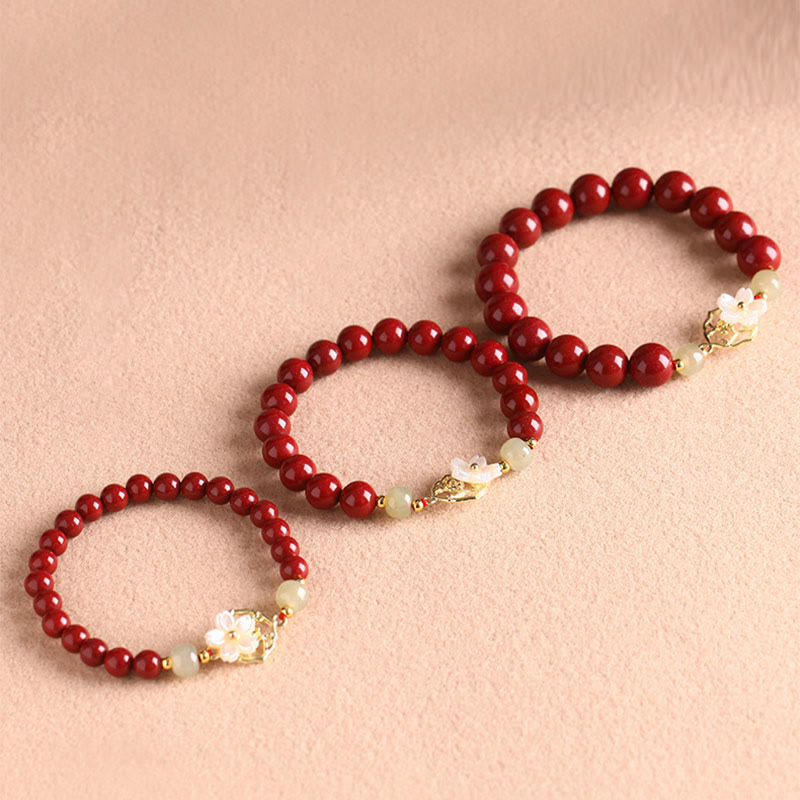 Natural Cinnabar Jade Beaded Tridacna Stone Flower Blessing Bracelet