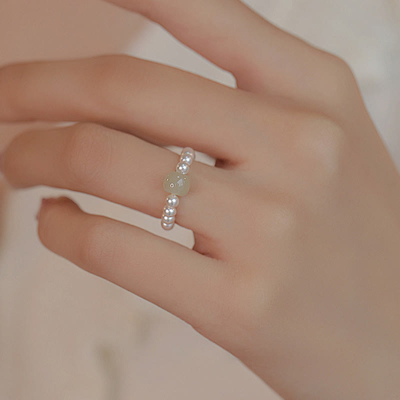 Natural Round Jade and Pearl Beaded Minimalist Ring