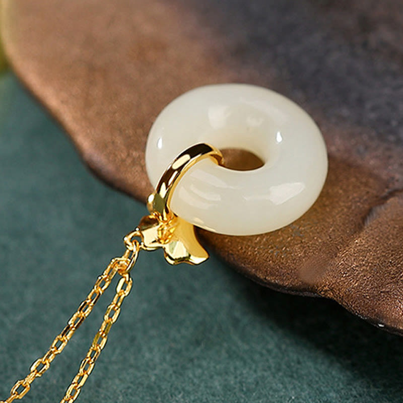 925 Sterling Silver Natural Hetian Jade Ginkgo Leaf Peace Buckle Luck Necklace Pendant