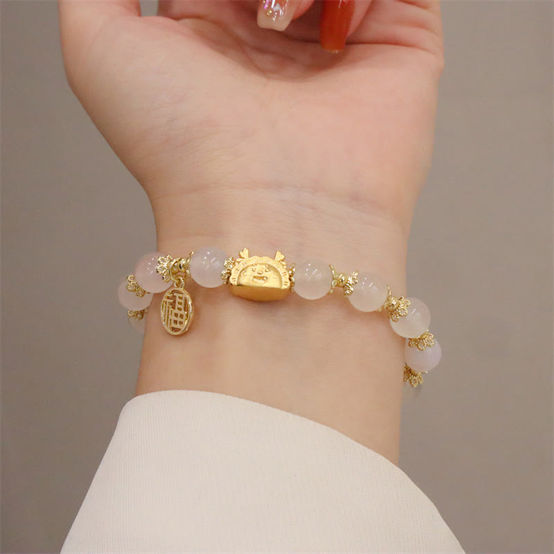 Year Of The Dragon Red Agate Strawberry Quartz Black Obsidian Jade Garnet Pearl Cinnabar Dumpling Dragon Luck Fu Character Bracelet