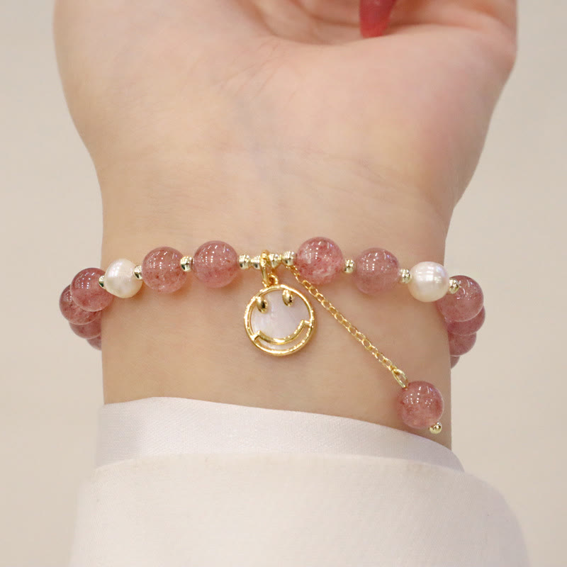 Strawberry Quartz Pearl Elk Smiley Face Fishtail Fu Character Charm Healing Bracelet