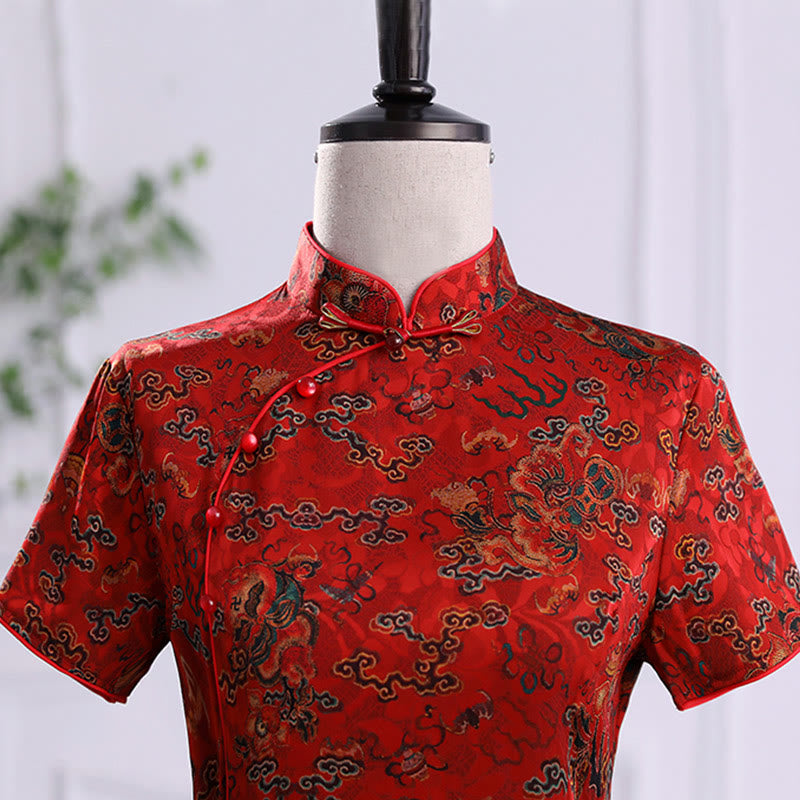Vintage Auspicious Clouds Leaf Print Cheongsam Dress Women's Qipao Dress