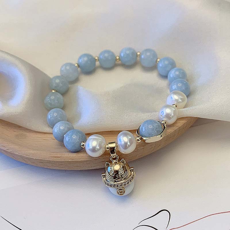 Aquamarine and Pearl Lucky Cat Charm 8mm Beaded Elastic Bracelet