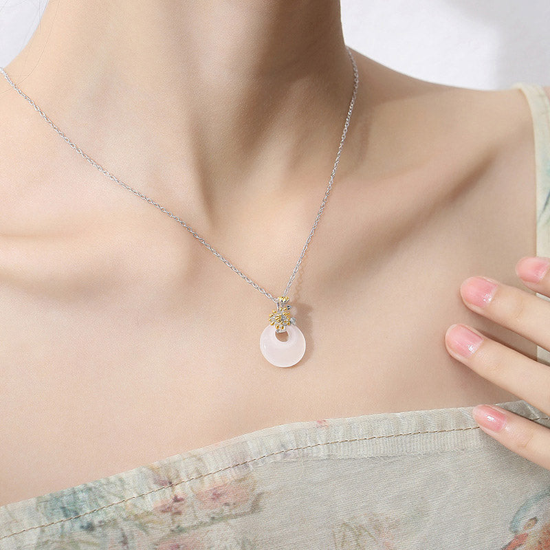 925 Sterling Silver Round Chalcedony Twelve Months Flower Harmony Necklace Pendant