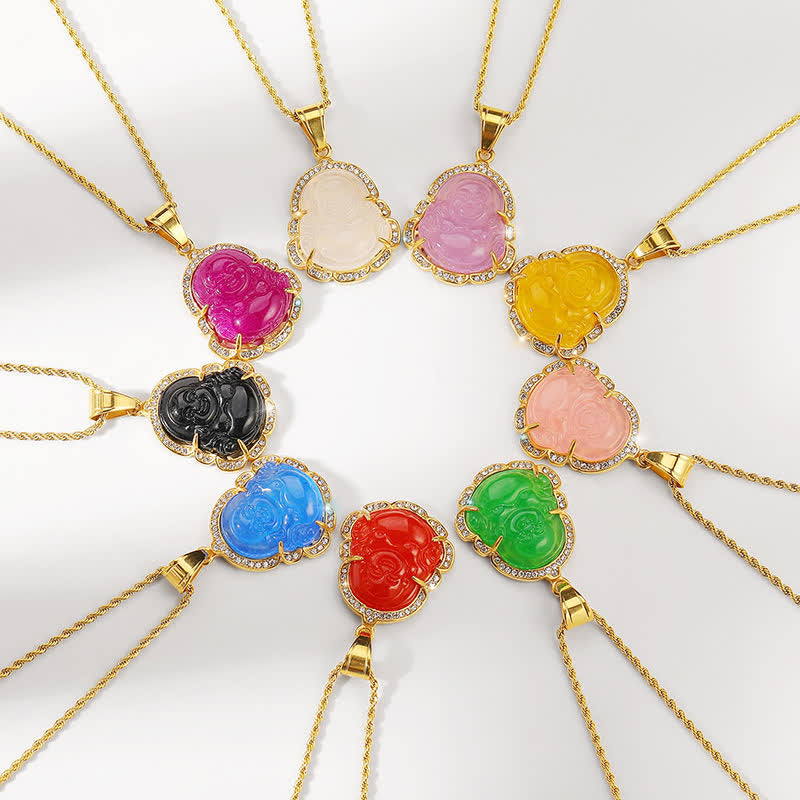 18K Gold Filled Laughing Buddha Jade Luck Necklace Chain Pendant