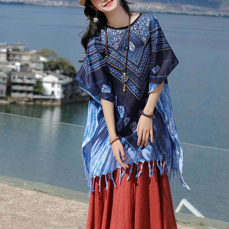 Soft-Touch Blue Geometric Batik Meditation Pullover Shawl
