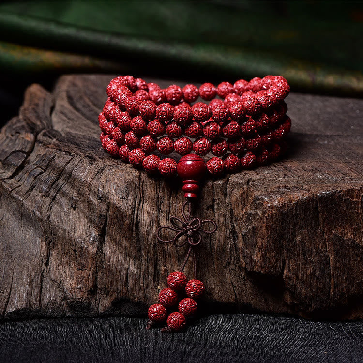 108 Mala Beads Cinnabar Om Mani Padme Hum Pattern Engraved Blessing Bracelet