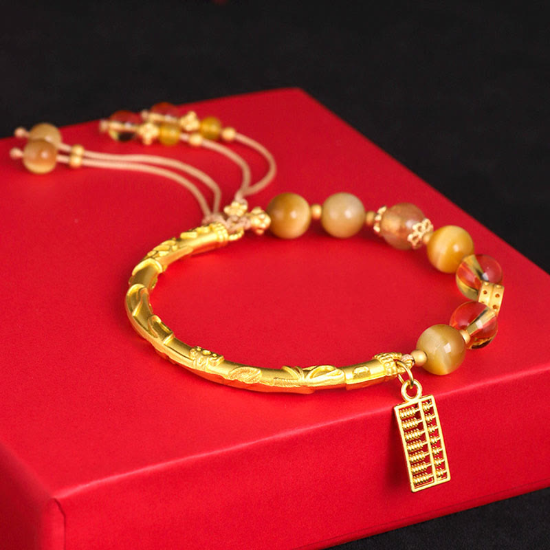 Adjustable Tiger Eye Citrine Clear Quartz Copper Abacus Charm Beaded Bracelet