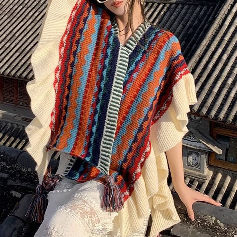 Tibetan Shawl Colorful Striped Wavy Line Tassels Winter Cozy Travel Scarf Wrap