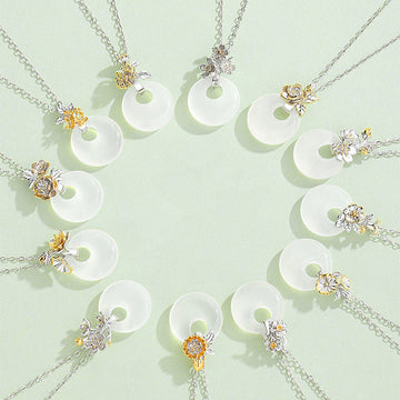 925 Sterling Silver Round Chalcedony Twelve Months Flower Harmony Necklace Pendant