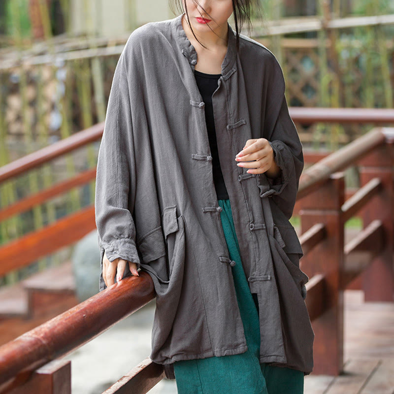 Frog-Button Long Sleeve Zen Meditation Open Front Jacket With Pockets