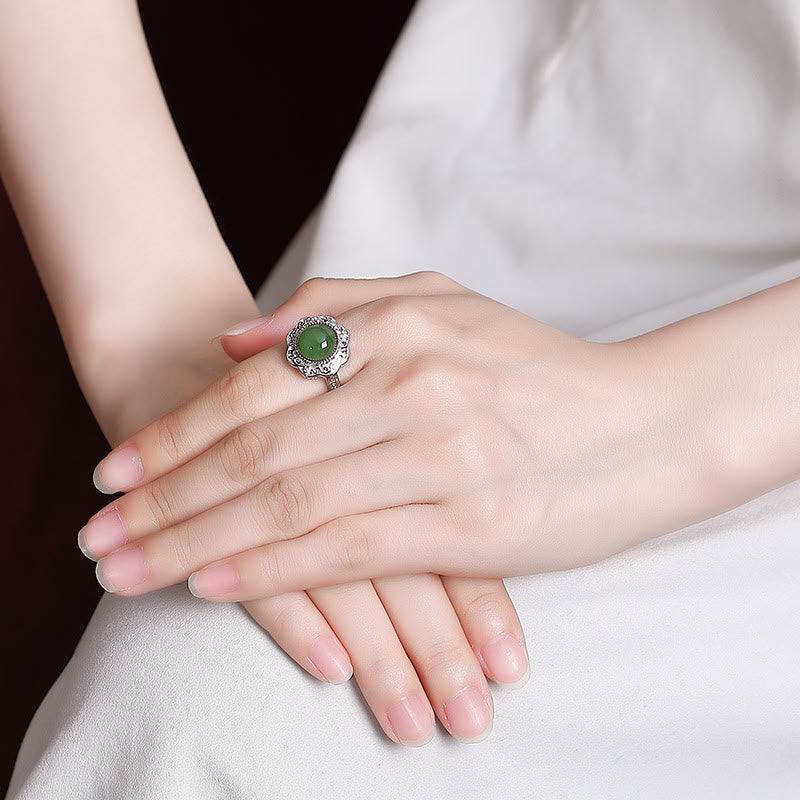 925 Sterling Silver Hetian Cyan Jade Flower Design Adjustable Ring