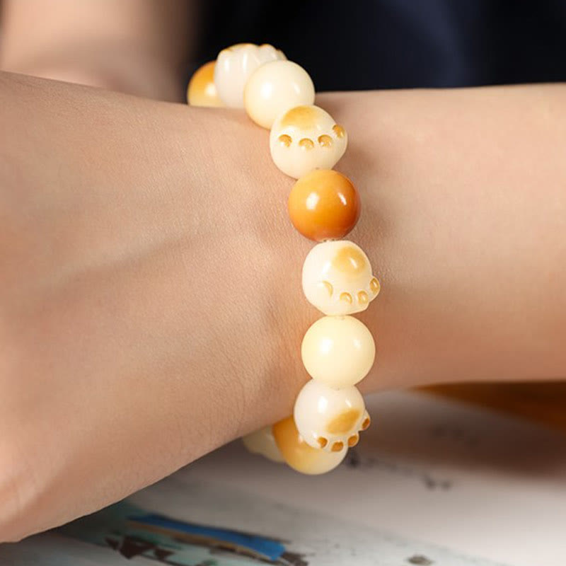 Natural Bodhi Seed Sandalwood Lucky Cute Cat Head Paw Claw Peace Bracelet