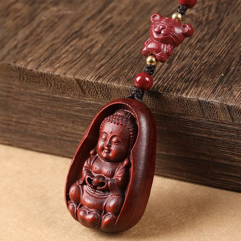 Small Leaf Red Sandalwood & Cinnabar Buddha Chinese Zodiac Carved Keychain