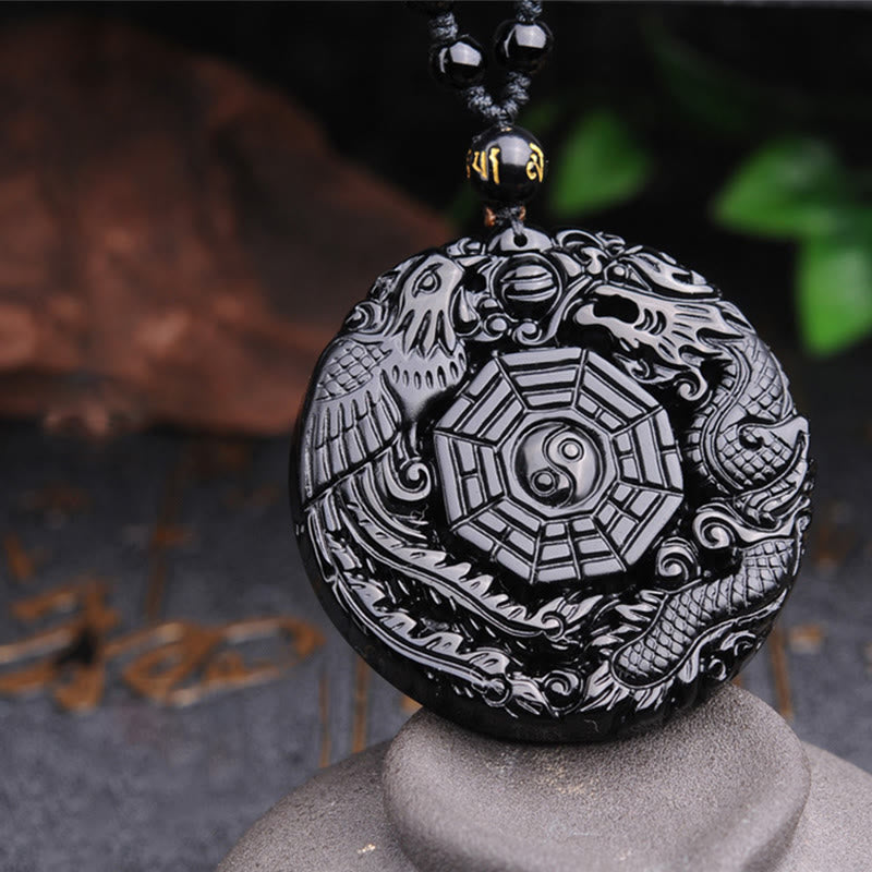 Bagua Dragon Phoenix Obsidian Fulfilment Pendant Necklace