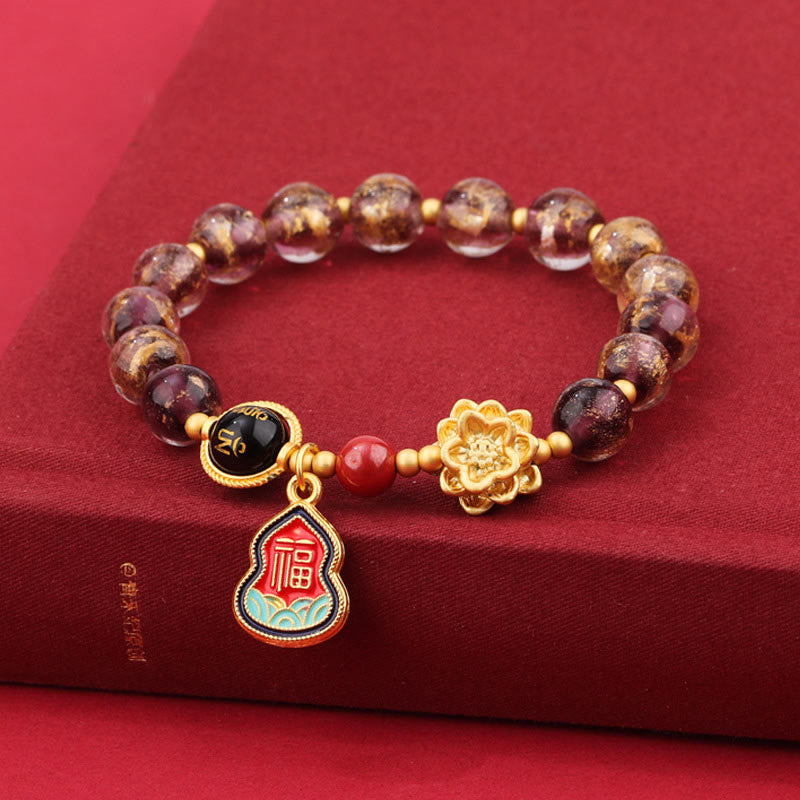 Tibetan Om Mani Padme Hum Lotus & Wu Lou Gourd Copper Charm Liuli Glass Beaded Bracelet