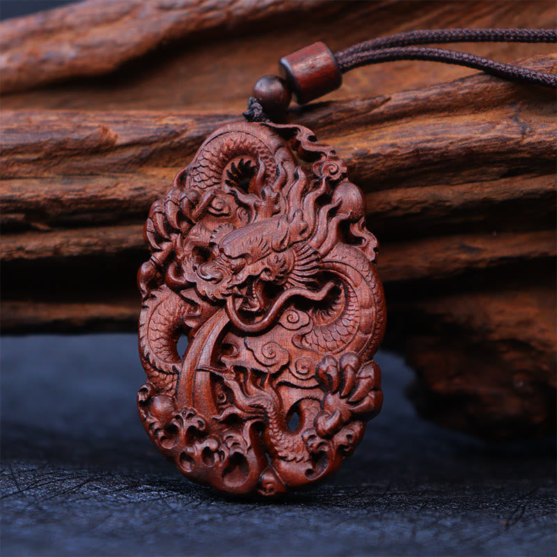 Lightning Struck Jujube Wood Double Dragon Relief Ward Off Evil Spirits Necklace Pendant