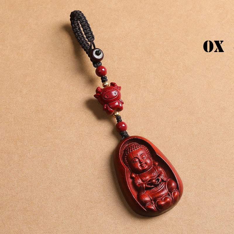 Small Leaf Red Sandalwood & Cinnabar Buddha Chinese Zodiac Carved Keychain