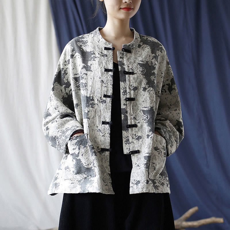 Black Gray Print Frog-button Design Long Sleeve Cotton Linen Jacket Shirt With Pockets