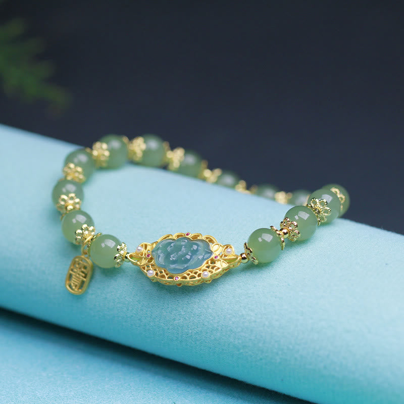 925 Sterling Silver Plated 14K Gold Hetian Jade Lotus Luck Bracelet