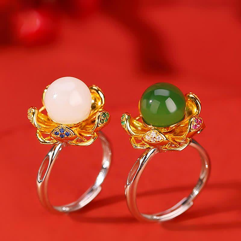 Handcrafted 925 Sterling Silver and Gold Jade Lotus Flower Ring