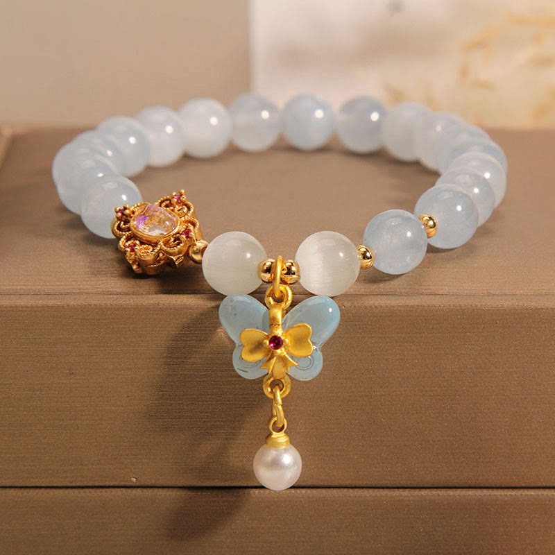 Aquamarine Cat's Eye Healing Butterfly Pearl Charm Bracelet