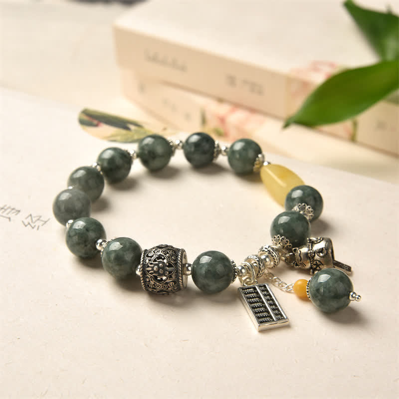 925 Sterling Silver Cyan Jade & Amber Abacus Lucky Cat Charm Bracelet