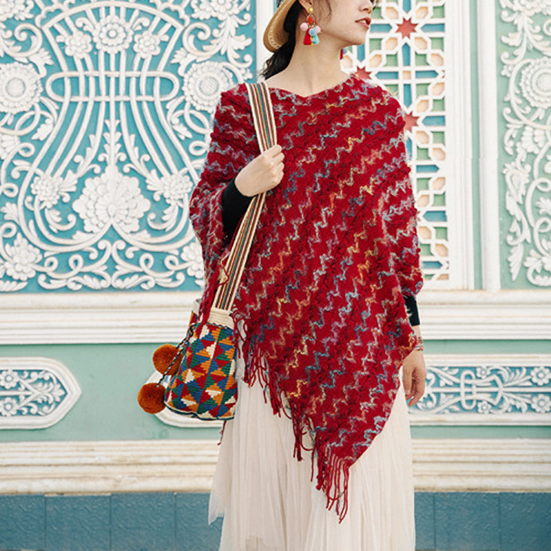 Tibetan Colorful Striped Shawl Tassels Pullover Winter Cozy Travel Scarf Wrap