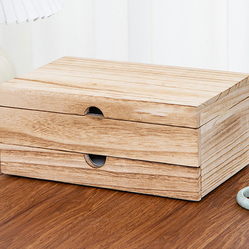 Retro Beige Paulownia Wood Two-Layer Jewelry Storage Box with Mirror