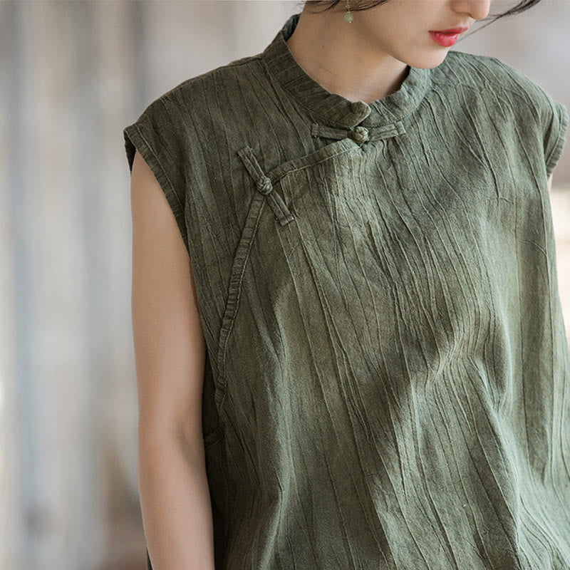 Handmade Tie Dye Ramie Linen Frog-Button Sleeveless Vest