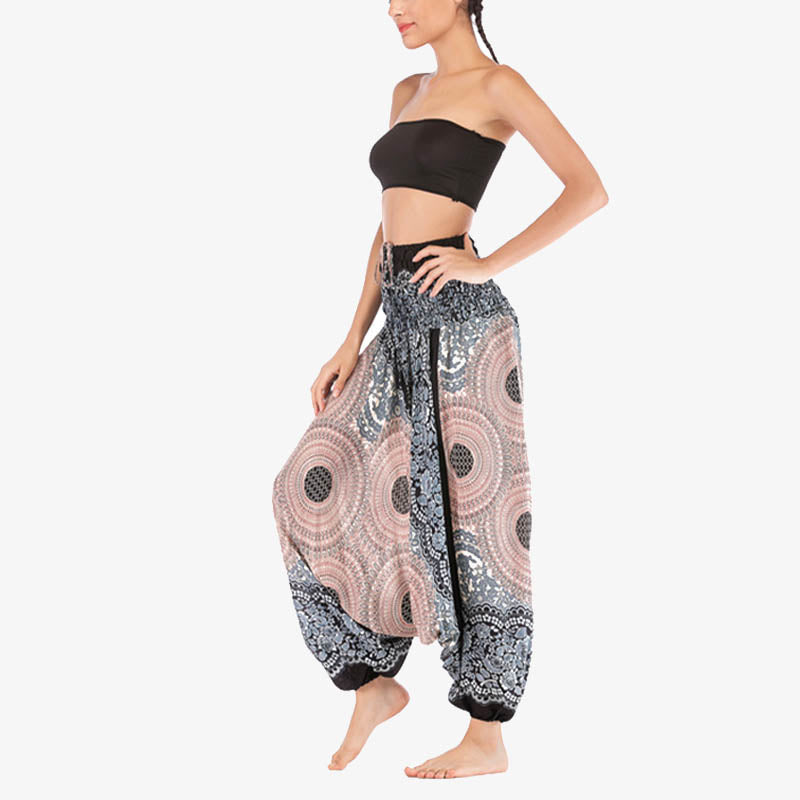 Two Style Wear Round Geometric Pattern Loose Smocked Harem Trousers Jumpsuit High Waist Women's Yoga Pants