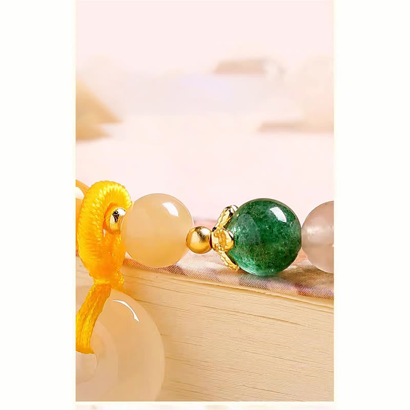14K Gold Plated Golden Silk Jade and Green Strawberry Quartz Ping An Kou Bracelet