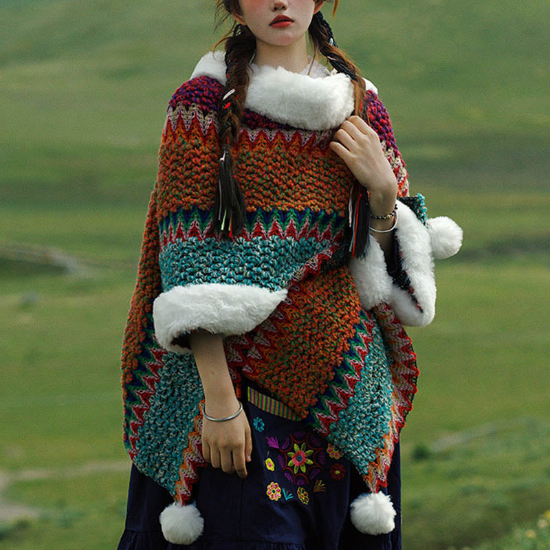 Tactile Striped Knitted Travel Meditation Tibetan Shawl