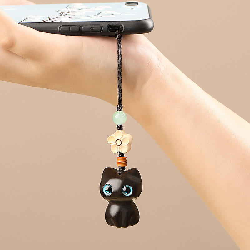 Hand-Carved Lucky Cat Wood Charm with Green Aventurine, Boxwood & Olive Wood Phone Keychain