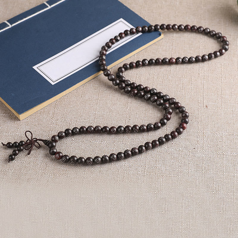 925 Sterling Silver Inlaid Small Leaf Red Sandalwood Om Mani Padme Hum Character Auspicious Clouds Protection Bracelet