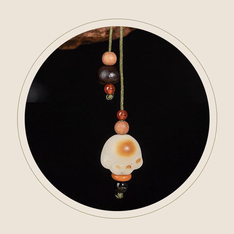 Lightning Struck Wood & Bodhi Seed Cat Paw Tassel Bracelet with Red Agate and Onyx