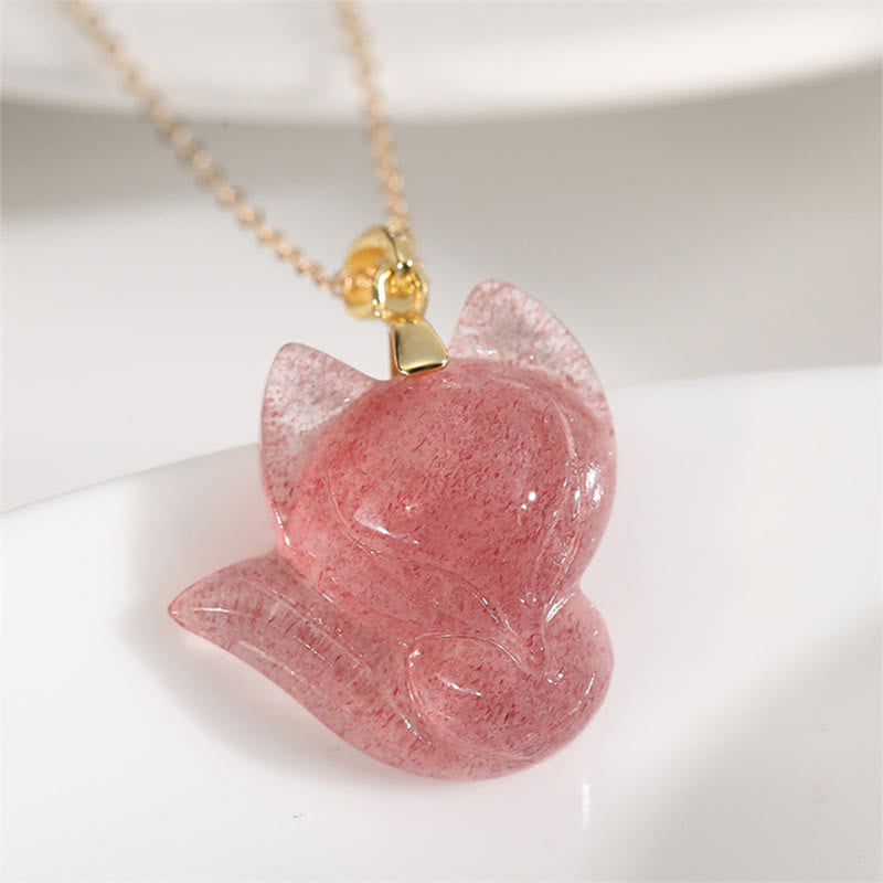 925 Sterling Silver Plated 14k Gold Strawberry Quartz Fox Healing Necklace Pendant