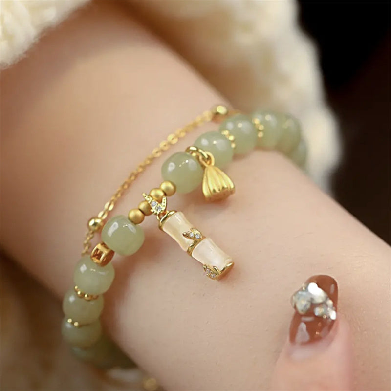 Natural Hetian Jade Prosperity Lotus Bamboo Charm Bracelet